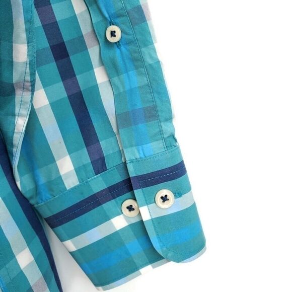 Peter Millar Blue & White Cotton Plaid Long Sleeve Collared Button Down Shirt - Picture 7 of 11